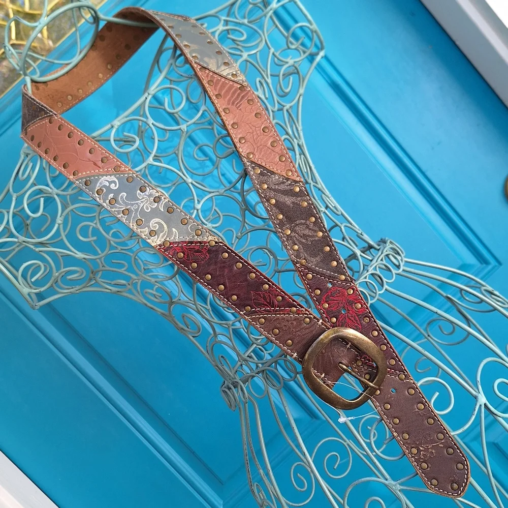 Genuine Leather Belt Metal Studded Embossed Patchwork Bohemian Tooled Womens - Picture 3 of 16